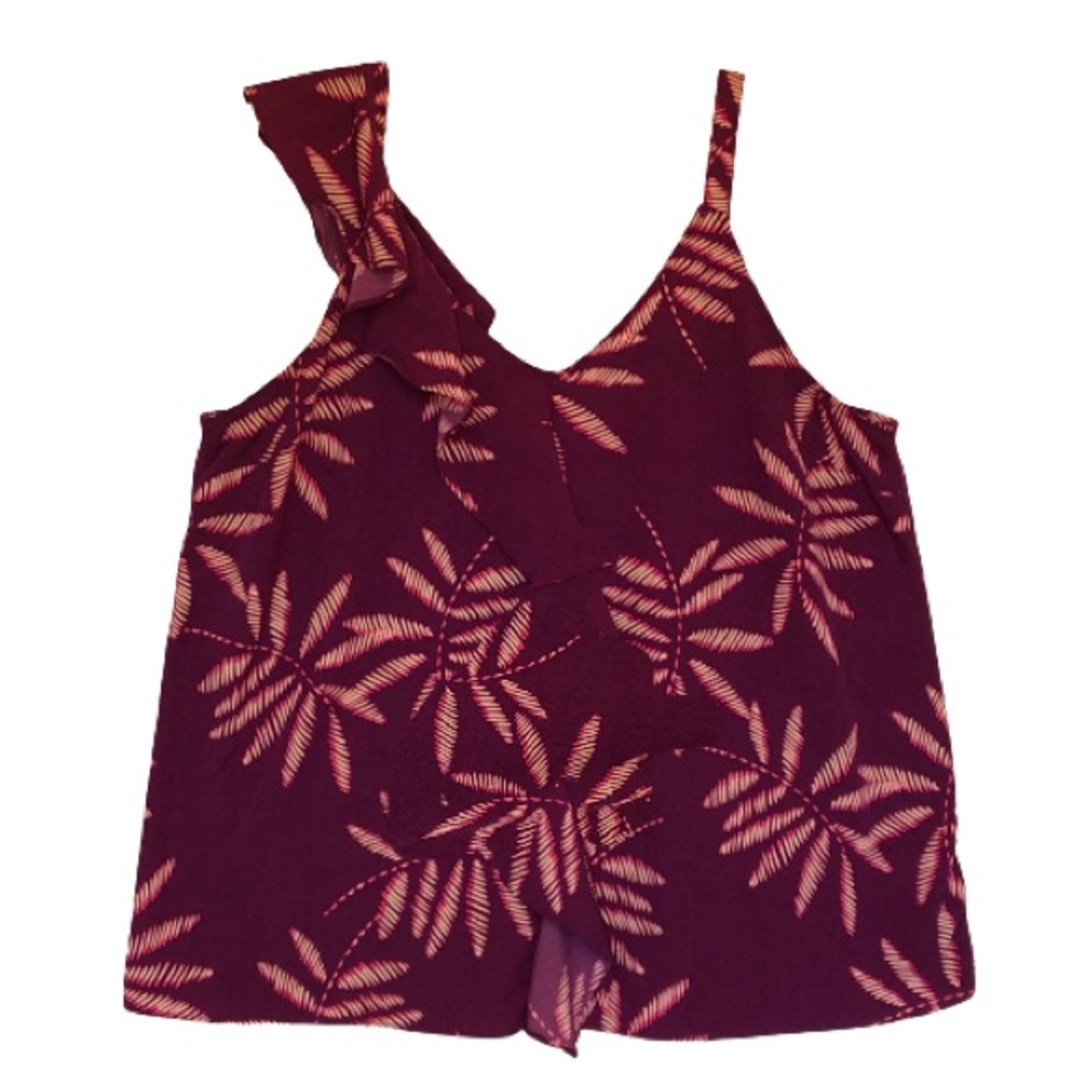 A New Day Leaf Print Asymmetrical Ruffle Tank Top
